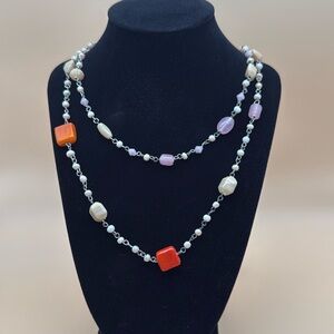 Double strand Freshwater pearls and stone necklace on a silver chain 38 inches